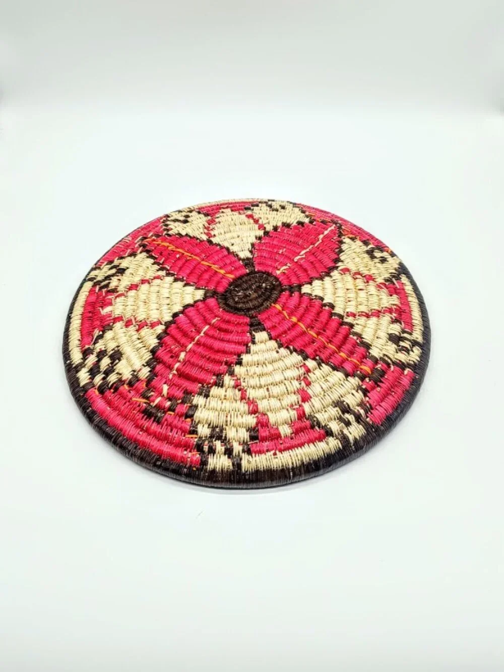 Hand-Woven Navajo Style Red Brown Cream Coiled Basket